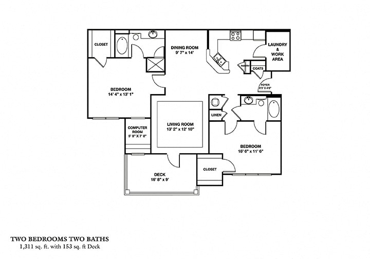 Floor plan for 2 beds, 2 baths, 1311 sqft